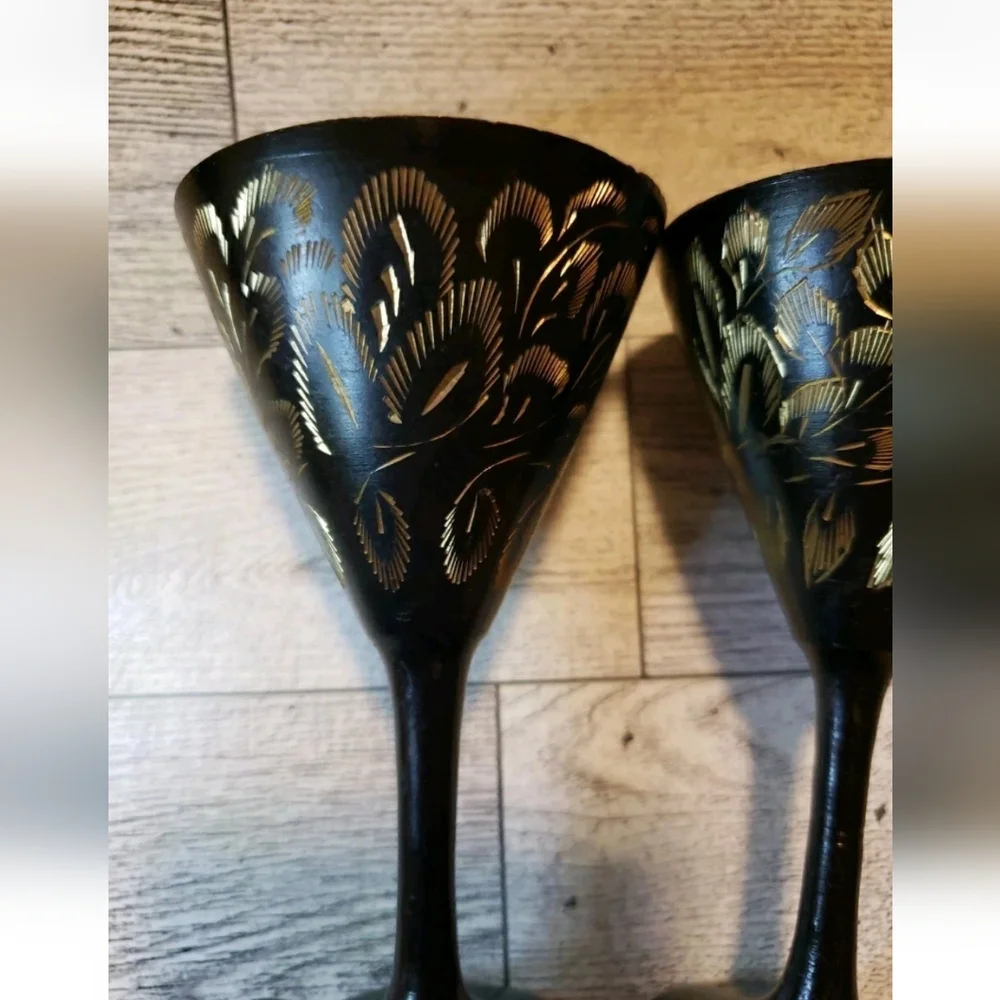 Black Metal Etched Cups Set Of 2 Decor - Picture 6 of 8